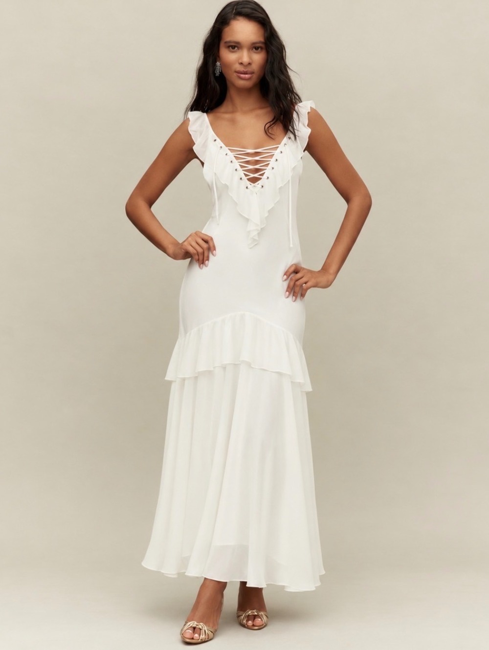 Peppermayo White Ruffle Lace Up Midi Dress Size 6 NWT
